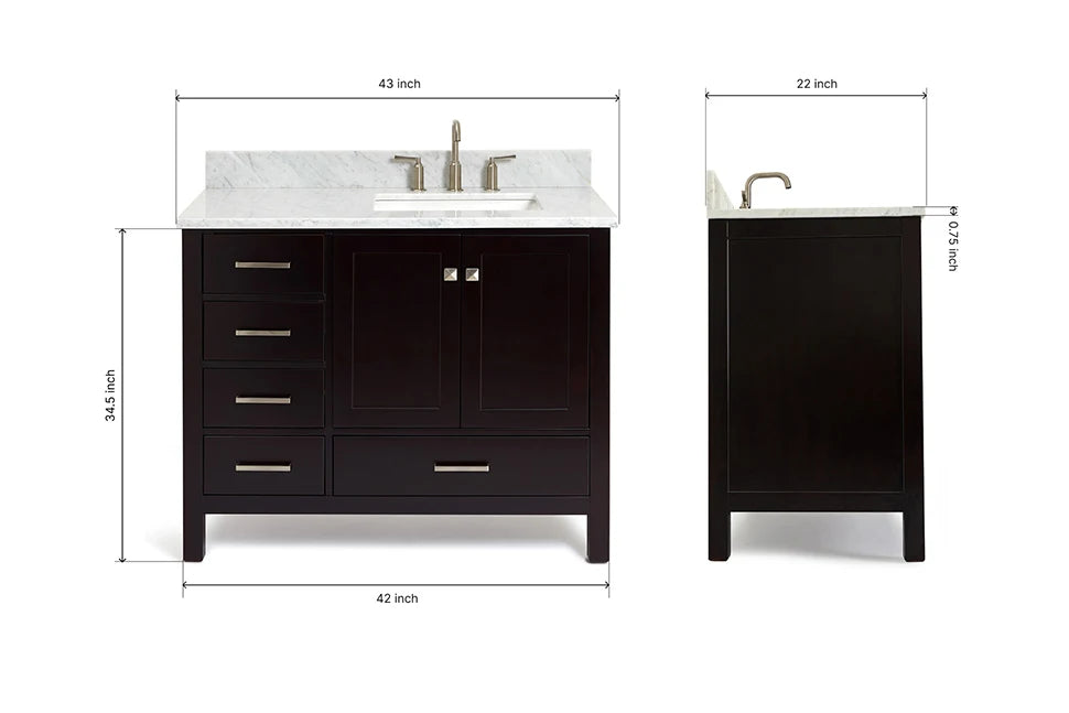 Ariel cambridge (43 inch, 42 inch) right offset single rectangular sink bathroom vanity with marble countertop (0.75 inch, 1.5 inch, 2 inch).
