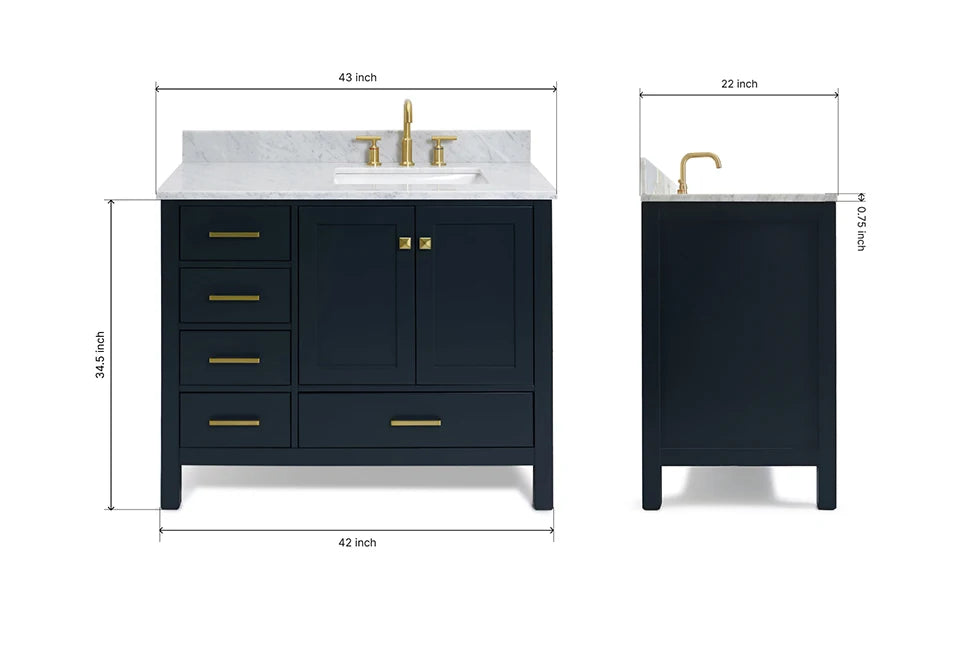 Ariel cambridge (43 inch, 42 inch) right offset single rectangular sink bathroom vanity with marble countertop (0.75 inch, 1.5 inch, 2 inch).