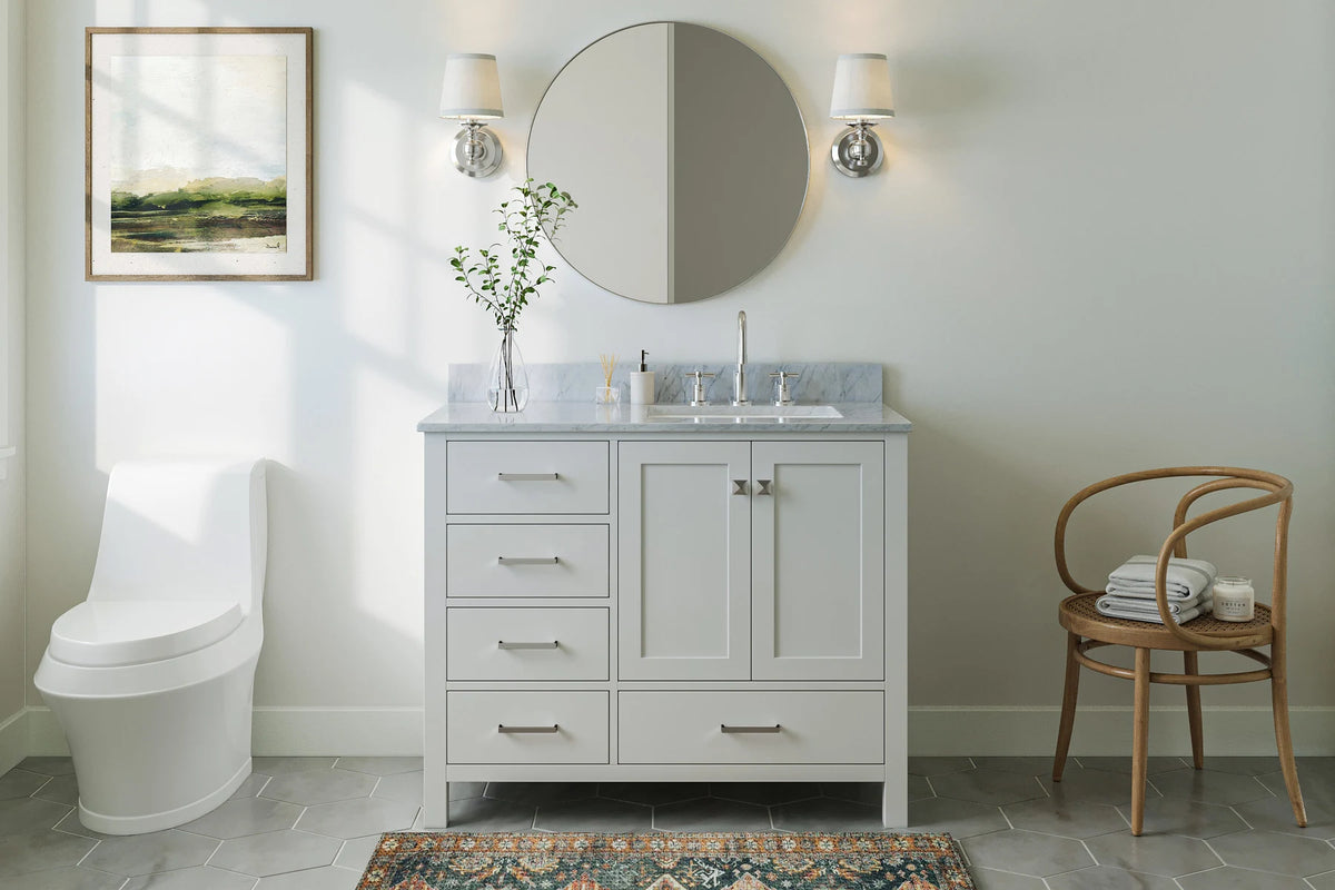 Ariel cambridge (43 inch, 42 inch) right offset single rectangular sink bathroom vanity with marble countertop (0.75 inch, 1.5 inch, 2 inch).