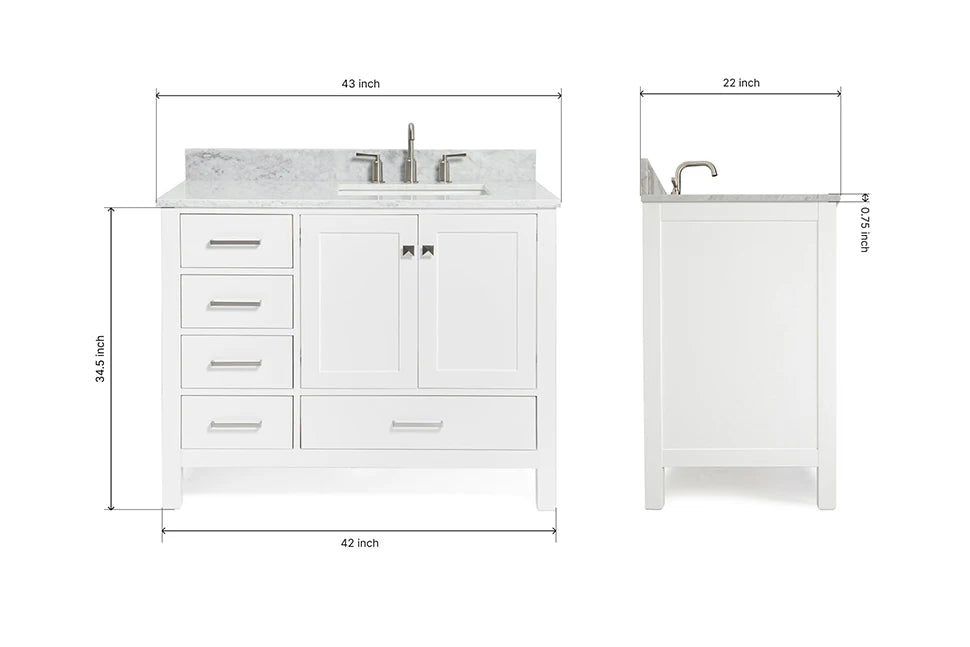 Ariel cambridge (43 inch, 42 inch) right offset single rectangular sink bathroom vanity with marble countertop (0.75 inch, 1.5 inch, 2 inch).