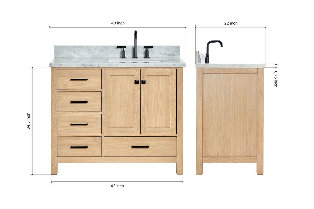 Ariel cambridge (43 inch, 42 inch) right offset single rectangular sink bathroom vanity with marble countertop (0.75 inch, 1.5 inch, 2 inch).