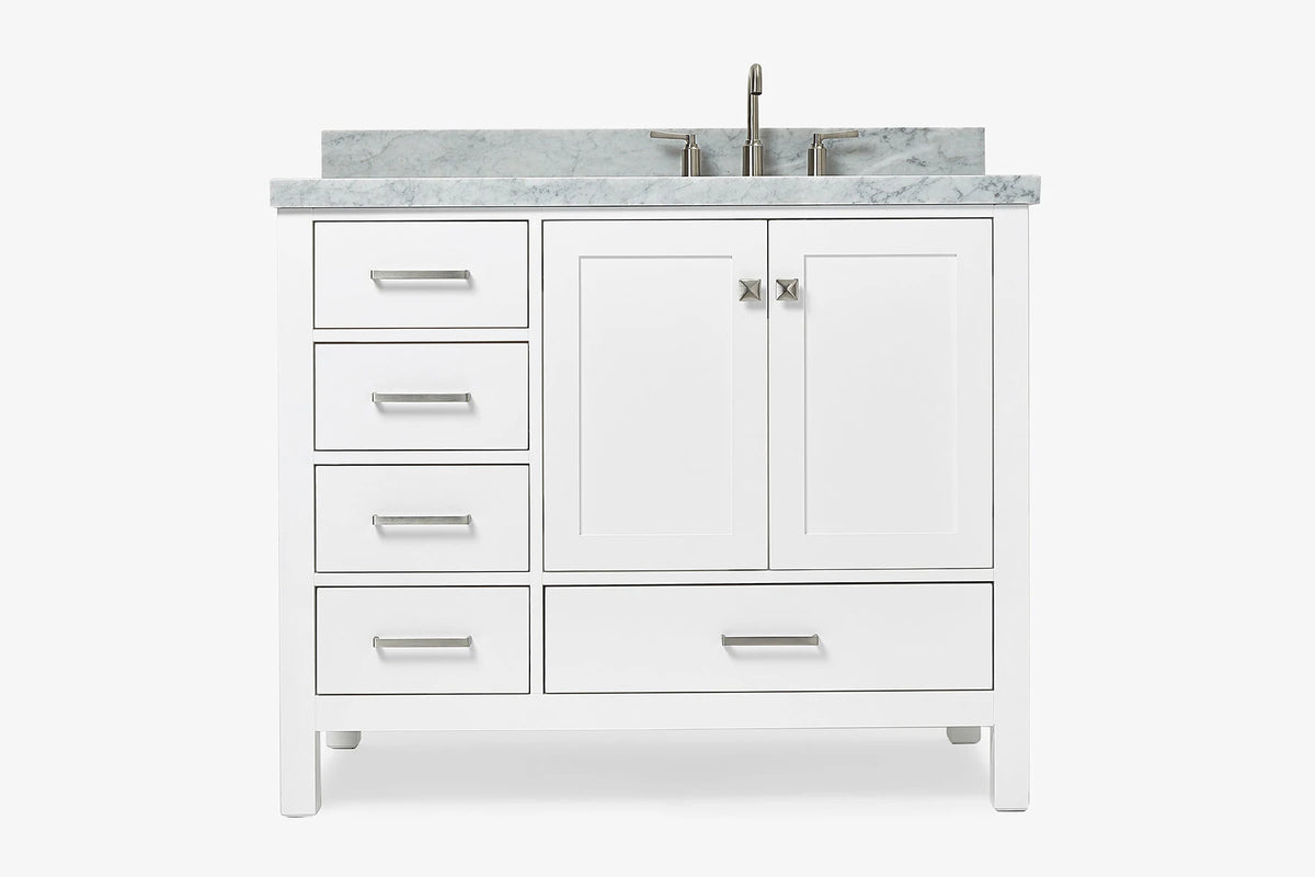 Ariel cambridge (43 inch, 42 inch) right offset single rectangular sink bathroom vanity with marble countertop (0.75 inch, 1.5 inch, 2 inch).