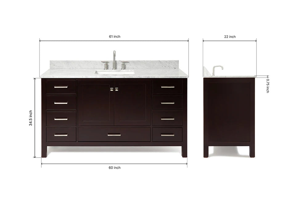 Ariel cambridge 60-61 in. single rectangle sink vanity with (0.75, 1.5, 2) in countertop