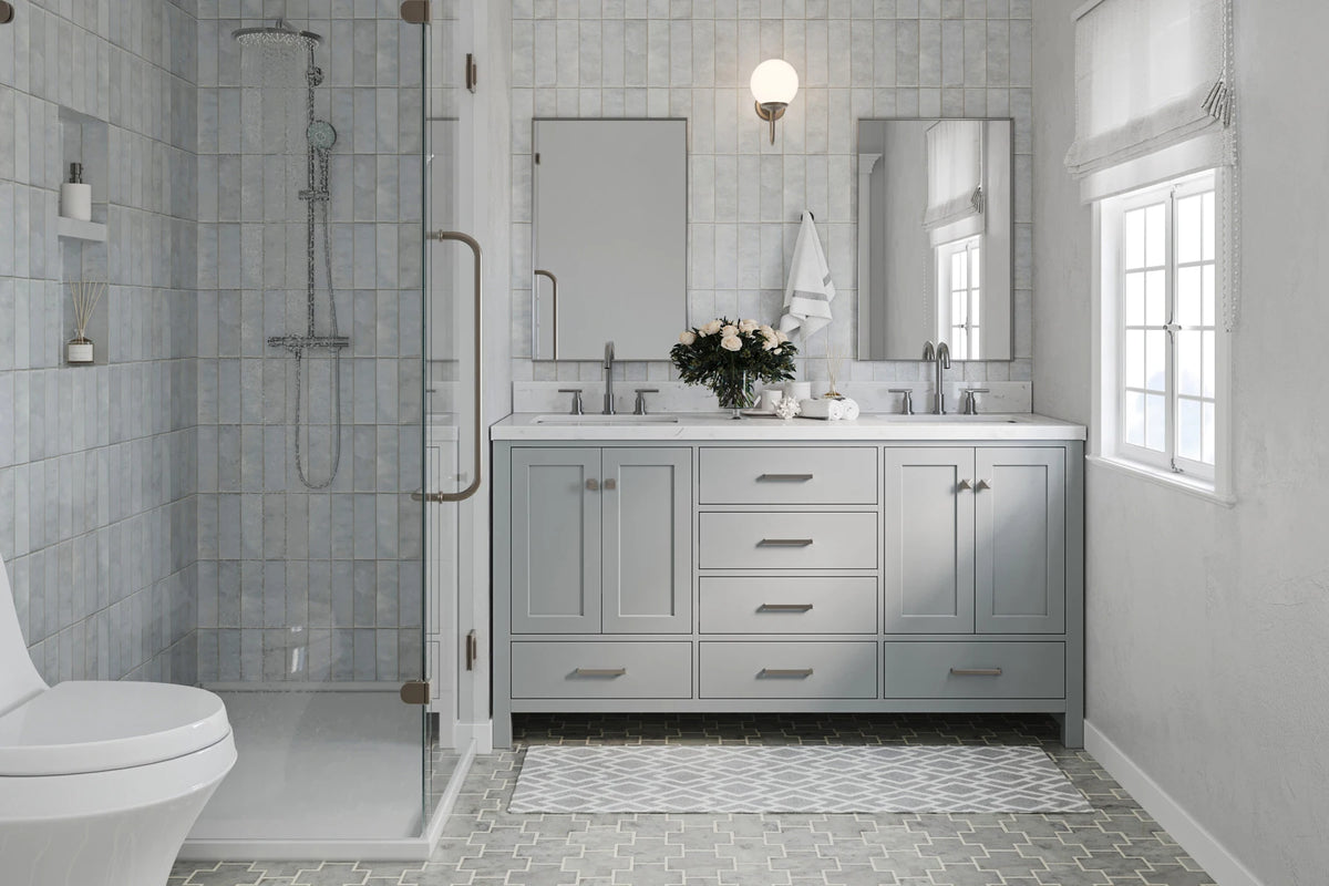 Ariel cambridge 66 inch double rectangle sink bathroom vanity with carrara white quartz countertop 1.5 edge in grey