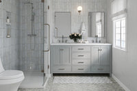 Ariel cambridge 66 inch double rectangle sink bathroom vanity with carrara white quartz countertop 1.5 edge in grey