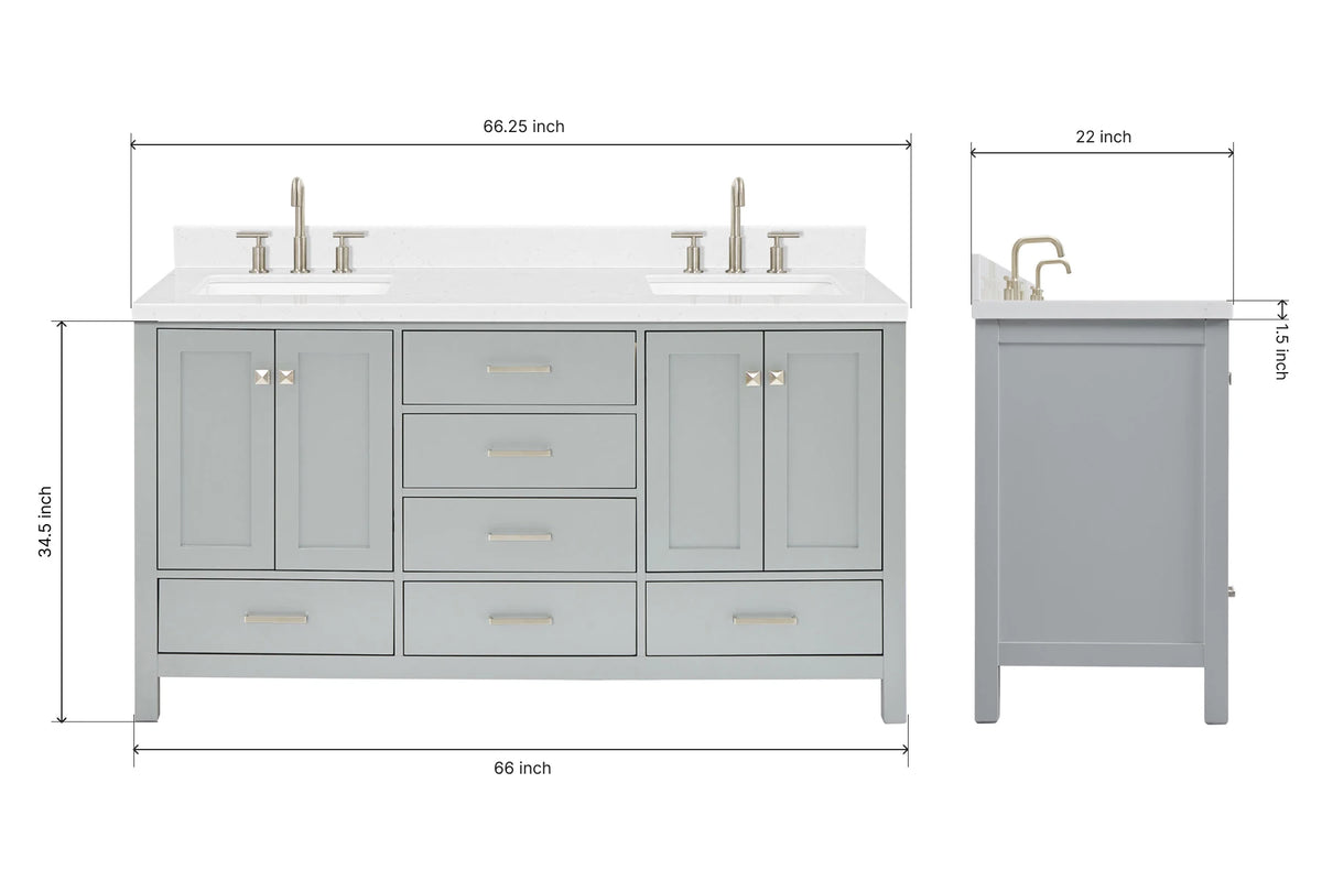 Ariel cambridge 66 inch double rectangle sink bathroom vanity with carrara white quartz countertop 1.5 edge in grey