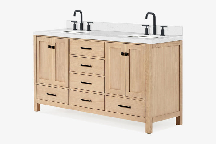 Ariel cambridge 66 inch double rectangular sink bathroom vanity with carrara white quartz countertop 1.5 inch edge in oak