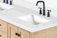Ariel cambridge 66 inch double rectangular sink bathroom vanity with carrara white quartz countertop 1.5 inch edge in oak