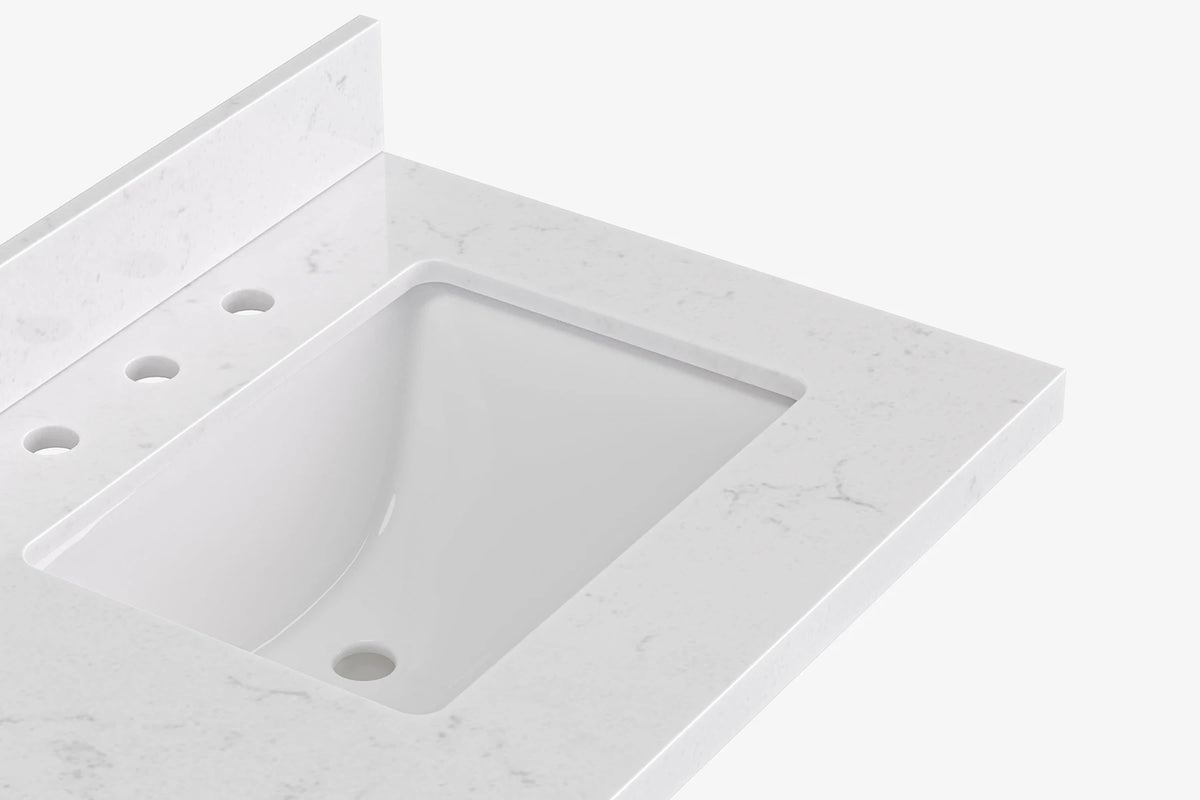 Ariel cambridge 66 inch double rectangular sink bathroom vanity with carrara white quartz countertop 1.5 inch edge in oak