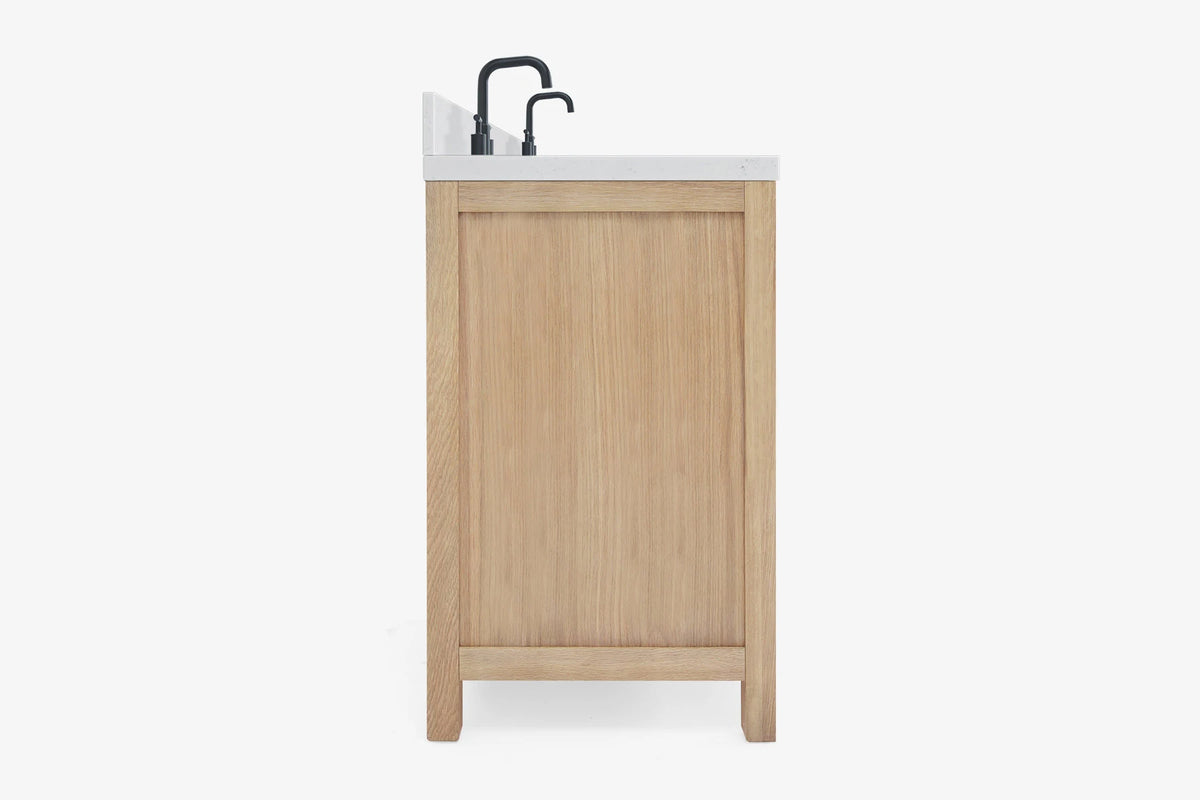 Ariel cambridge 66 inch double rectangular sink bathroom vanity with carrara white quartz countertop 1.5 inch edge in oak