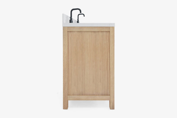 Ariel cambridge 66 inch double rectangular sink bathroom vanity with carrara white quartz countertop 1.5 inch edge in oak