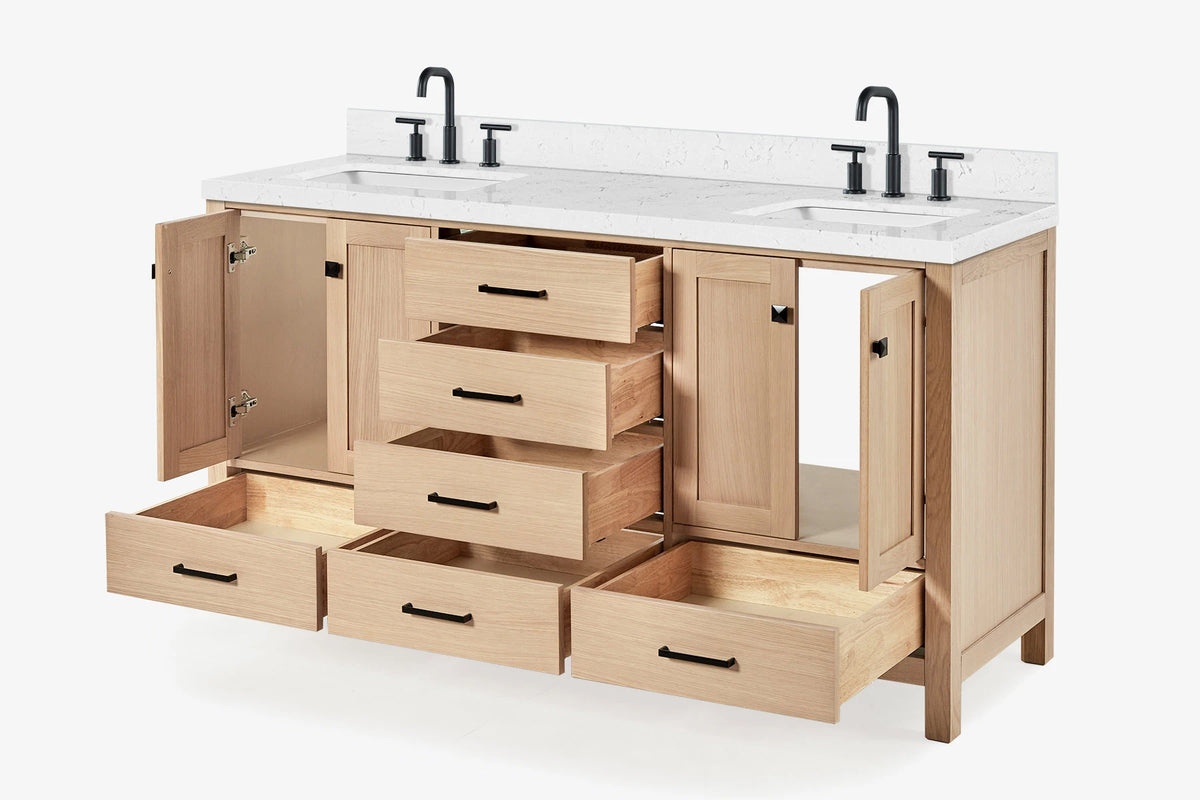 Ariel cambridge 66 inch double rectangular sink bathroom vanity with carrara white quartz countertop 1.5 inch edge in oak