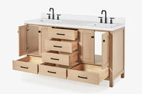 Ariel cambridge 66 inch double rectangular sink bathroom vanity with carrara white quartz countertop 1.5 inch edge in oak