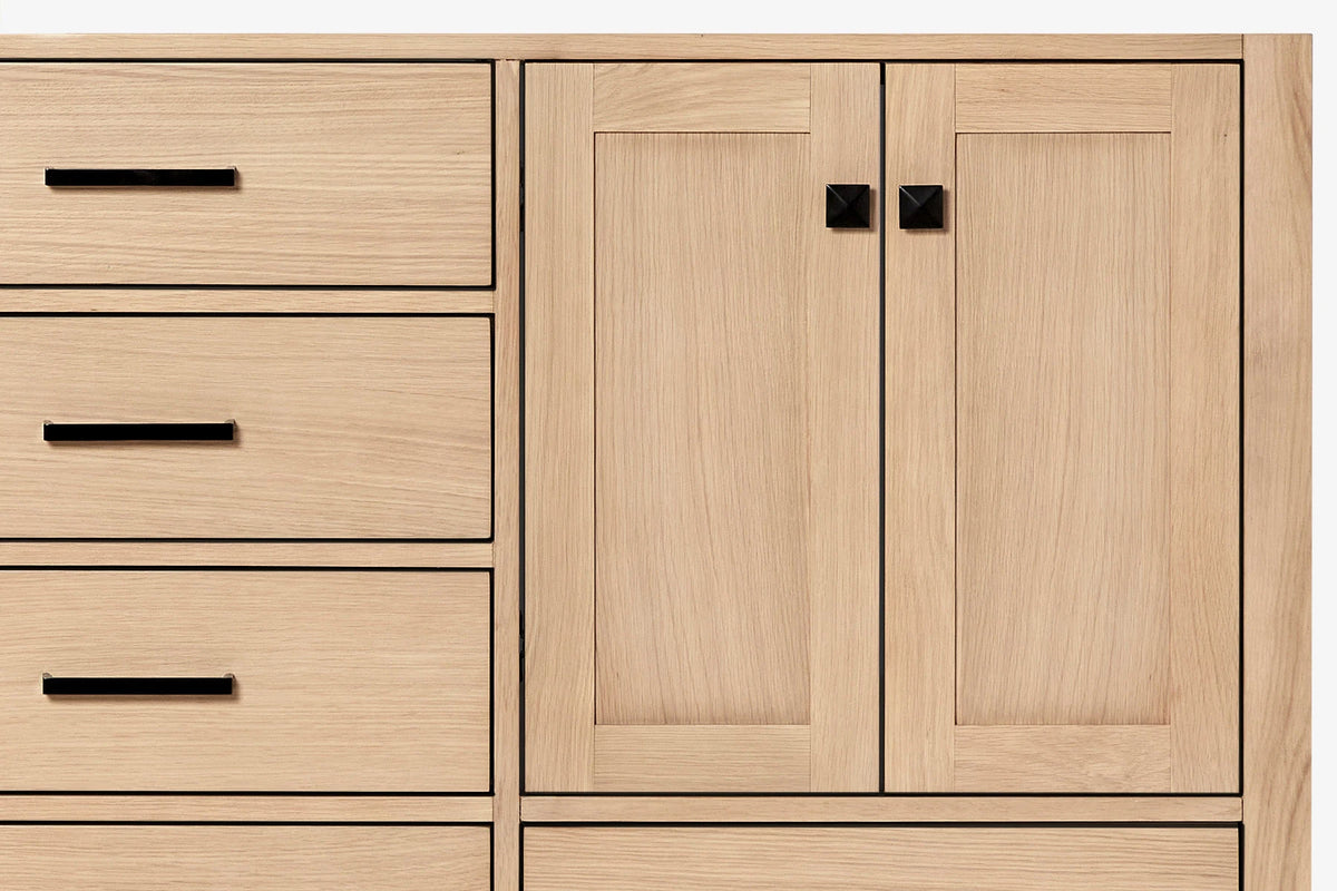 Ariel cambridge 66 inch double rectangular sink bathroom vanity with carrara white quartz countertop 1.5 inch edge in oak