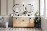 Ariel cambridge 66 inch double rectangular sink bathroom vanity with carrara white quartz countertop 1.5 inch edge in oak