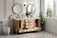 Ariel cambridge 66 inch double rectangular sink bathroom vanity with carrara white quartz countertop 1.5 inch edge in oak