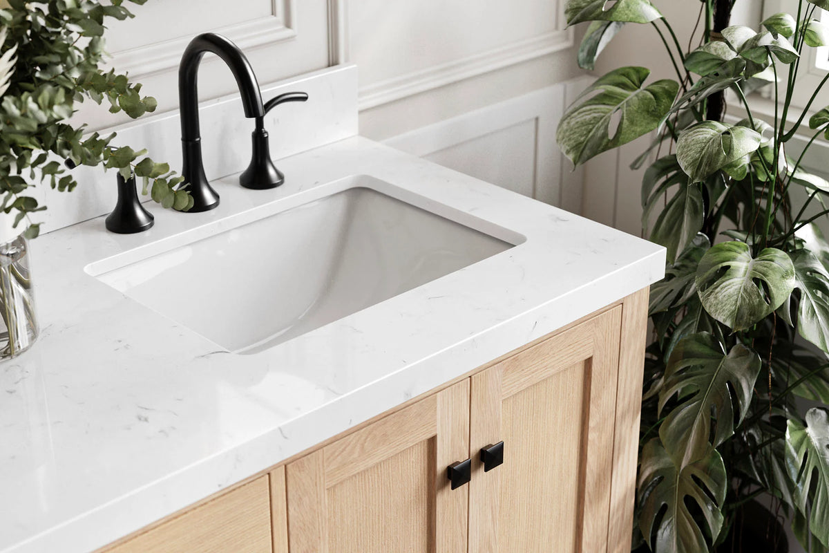 Ariel cambridge 66 inch double rectangular sink bathroom vanity with carrara white quartz countertop 1.5 inch edge in oak