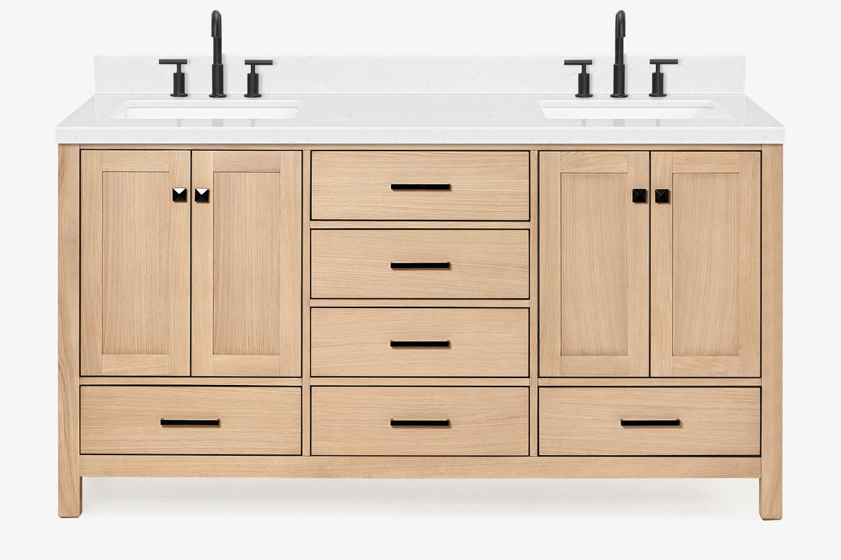 Ariel cambridge 66 inch double rectangular sink bathroom vanity with carrara white quartz countertop 1.5 inch edge in oak