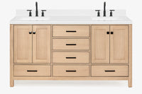 Ariel cambridge 66 inch double rectangular sink bathroom vanity with carrara white quartz countertop 1.5 inch edge in oak