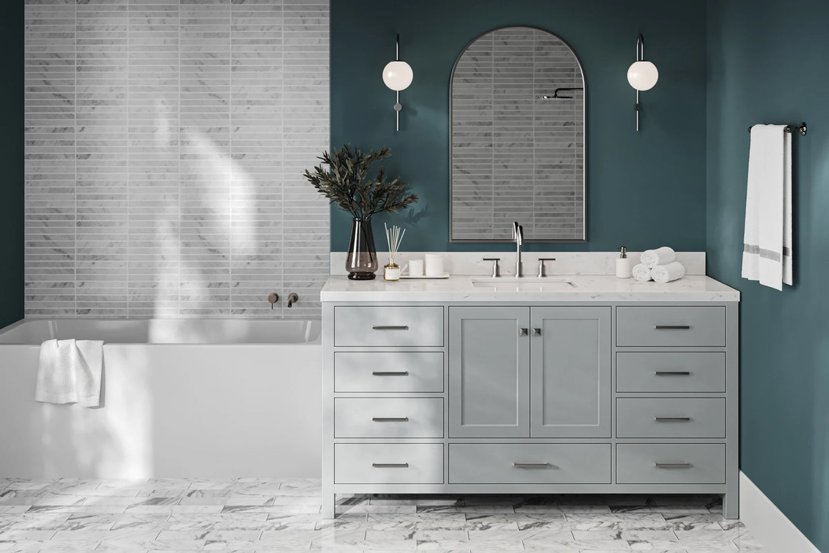 Ariel cambridge 66 inch single rectangle sink bathroom vanity with carrara white quartz countertop 1.5 edge in grey