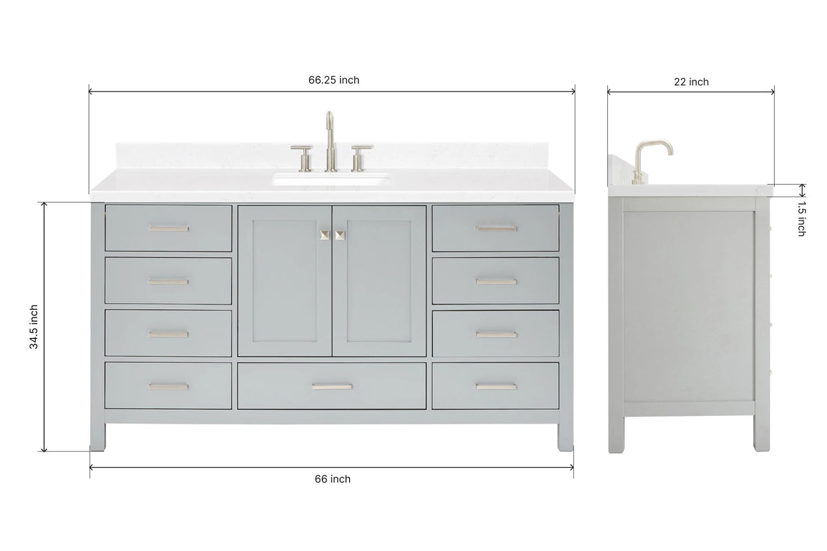 Ariel cambridge 66 inch single rectangle sink bathroom vanity with carrara white quartz countertop 1.5 edge in grey
