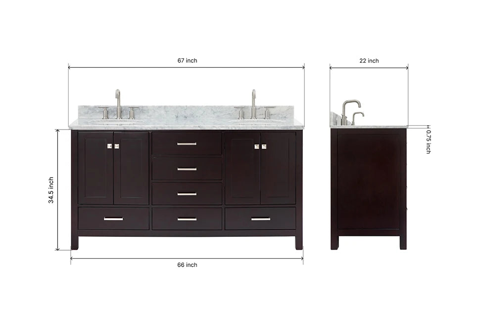 Ariel cambridge (66"&67") in double oval sink bathroom vanity with marble countertop (0.75" & 1.5").