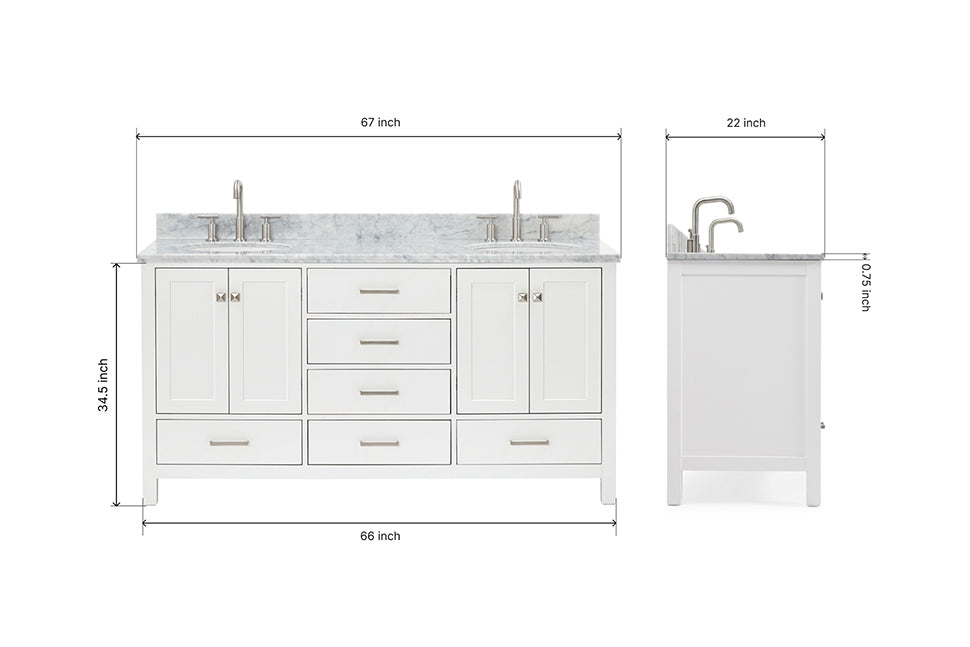 Ariel cambridge (66"&67") in double oval sink bathroom vanity with marble countertop (0.75" & 1.5").