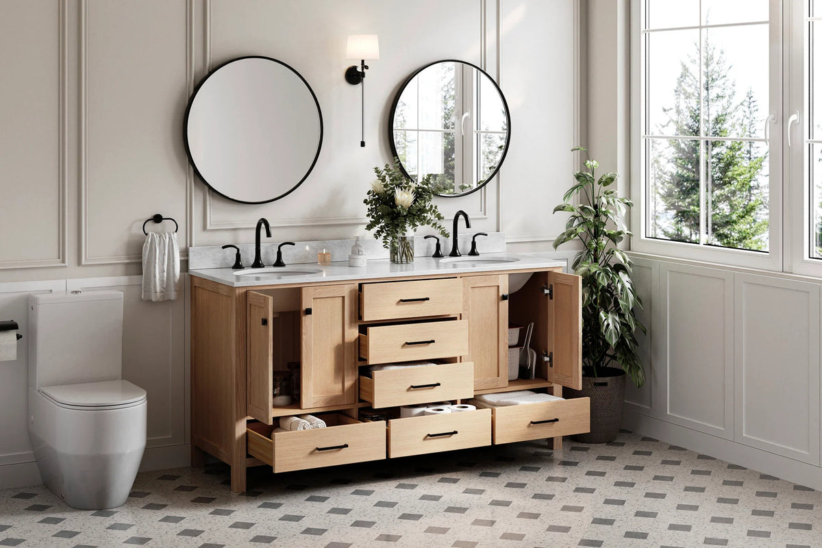 Ariel cambridge (66"&67") in double oval sink bathroom vanity with marble countertop (0.75" & 1.5").