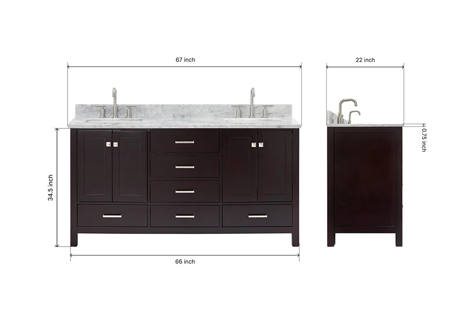 Ariel cambridge 66-67 inch double rectangle sink vanity with  marble countertop with (0.75,1.5)in edge