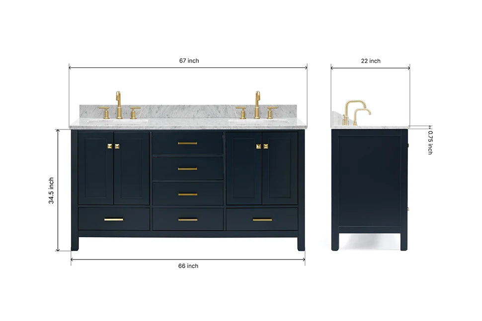 Ariel cambridge 66-67 inch double rectangle sink vanity with  marble countertop with (0.75,1.5)in edge