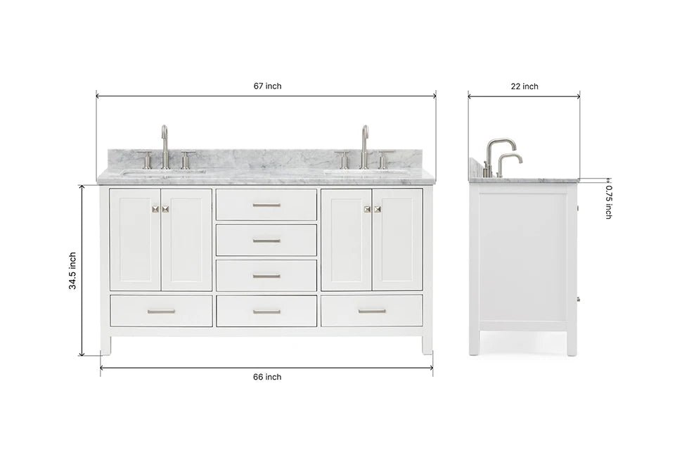 Ariel cambridge 66-67 inch double rectangle sink vanity with  marble countertop with (0.75,1.5)in edge