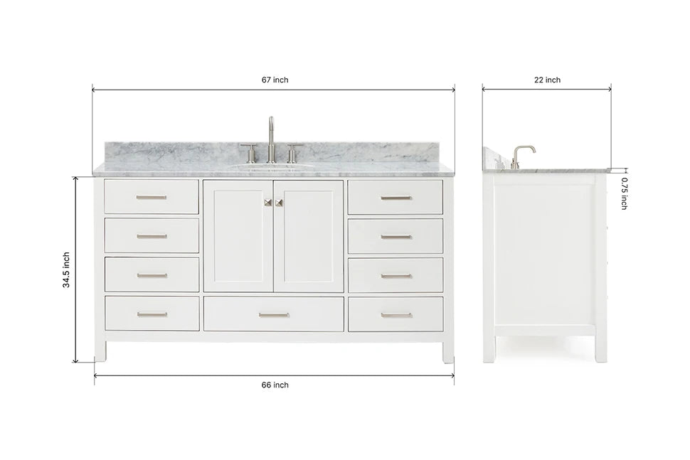 Ariel Cambridge (66" & 67") in single oval sink vanity with marble countertop (0.75" & 1.5").