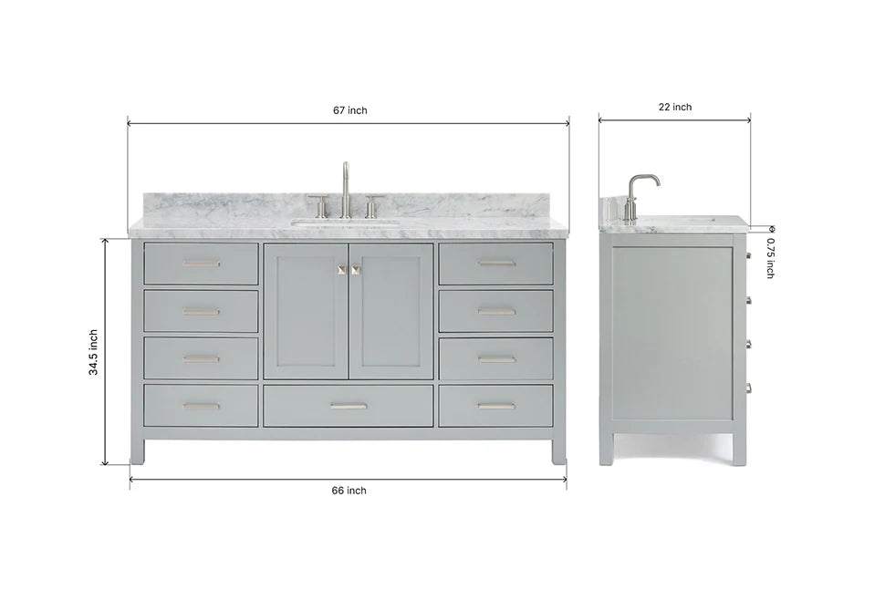 Ariel cambridge 66-67 inch single rectangle sink vanity with countertop with (0.75,1.5)in edge