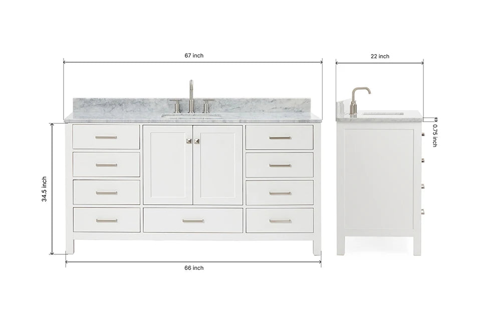 Ariel cambridge 66-67 inch single rectangle sink vanity with countertop with (0.75,1.5)in edge