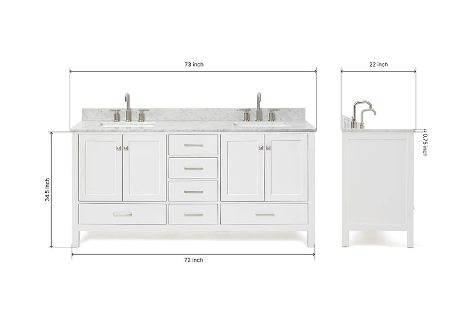Ariel cambridge 72-73in. bathroom vanity double rectangle sink vanity with (0.75, 1.5, 2)in countertop