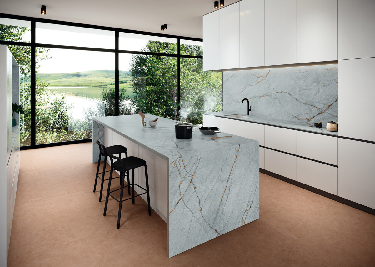 Blue Roma Cielo Porcelain Slab kitchen
