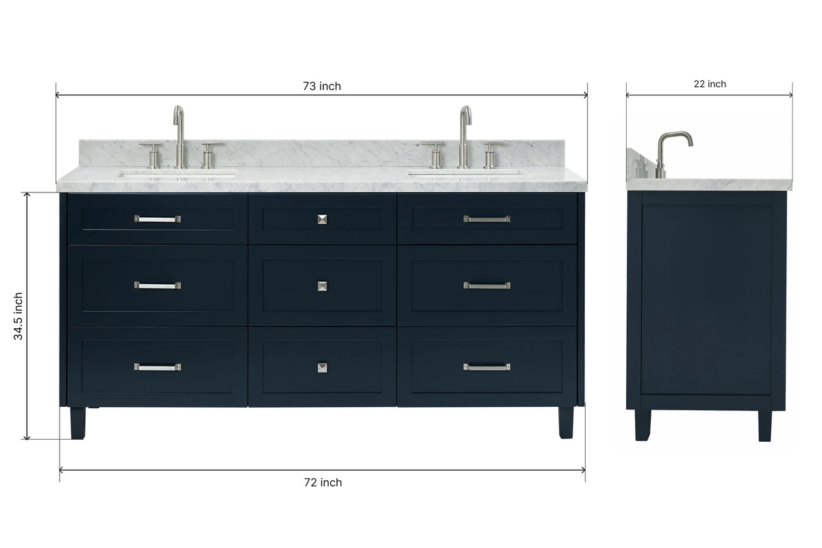 Ariel monroe 73 inch double rectangle sink bathroom vanity with countertop 1.5 inch edge