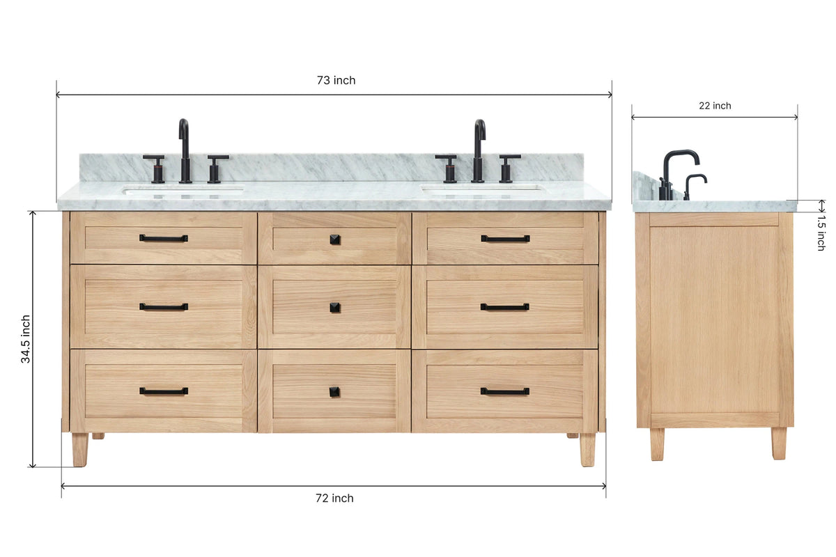 Ariel monroe 73 inch double rectangle sink bathroom vanity with countertop 1.5 inch edge