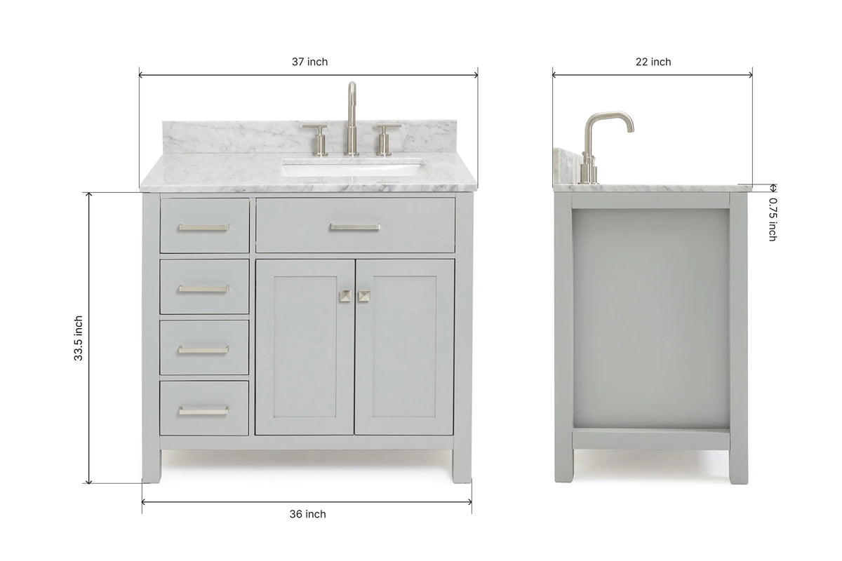 Ariel bristol 37 in. right offset single rectangle sink vanity with 0.75 in. carrara white marble countertop in white