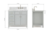 Ariel bristol 37 in. right offset single rectangle sink vanity with 0.75 in. carrara white marble countertop in white