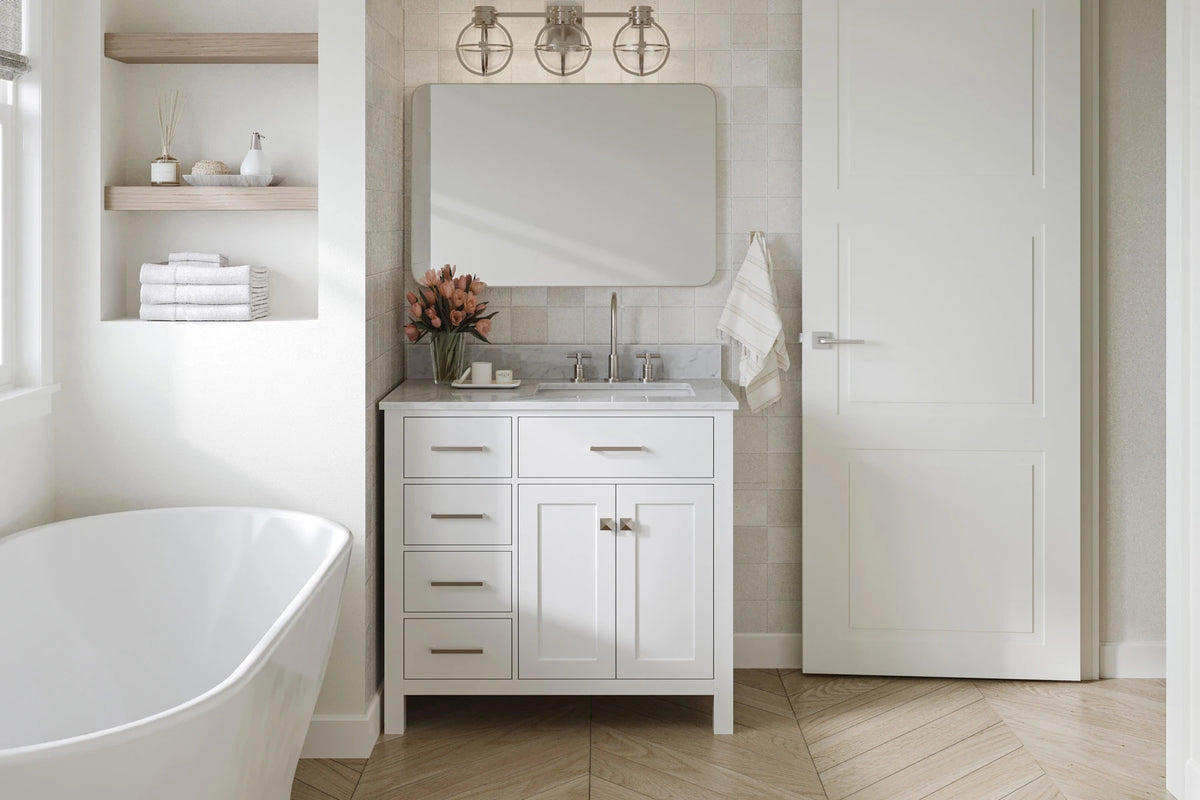 Ariel bristol 37 in. right offset single rectangle sink vanity with 0.75 in. carrara white marble countertop in white