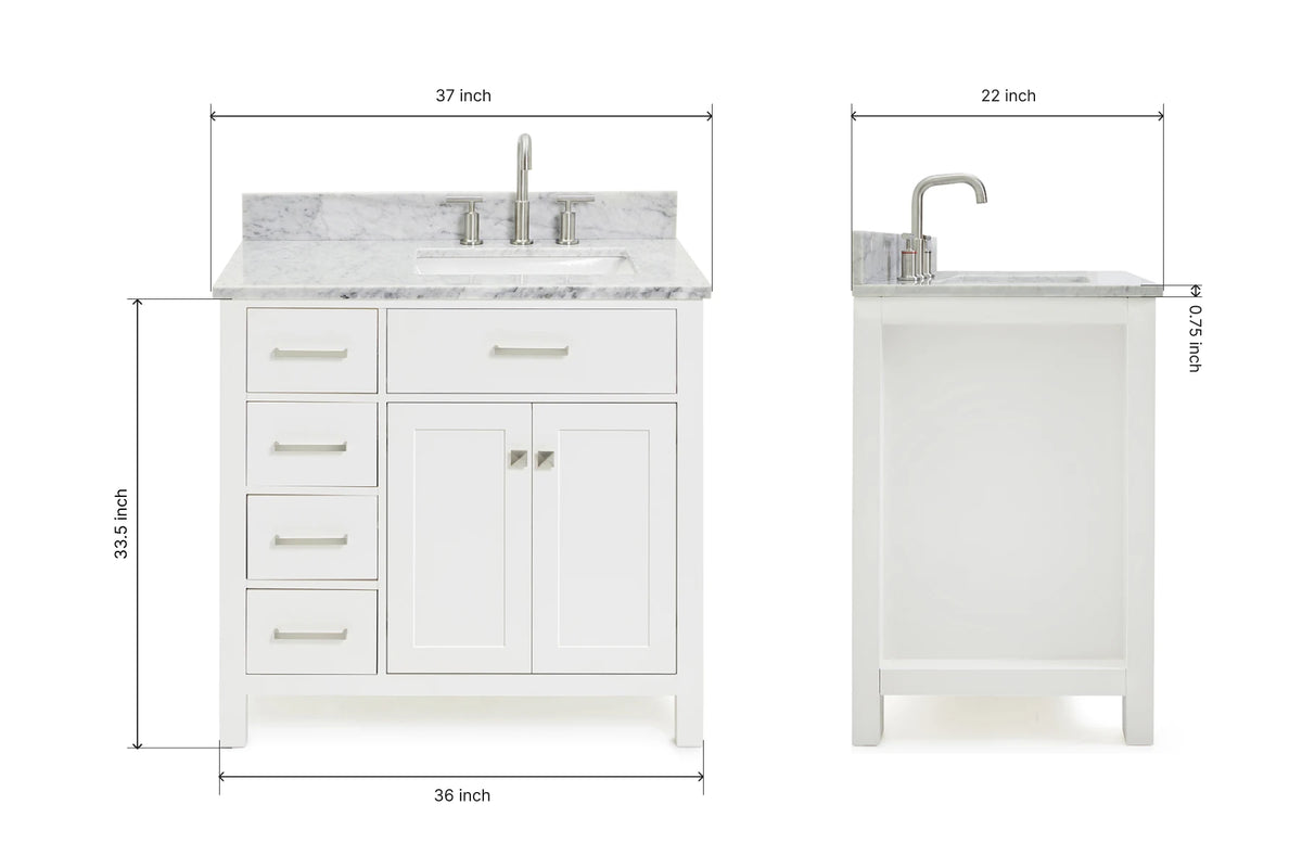 Ariel bristol 37 in. right offset single rectangle sink vanity with 0.75 in. carrara white marble countertop in white