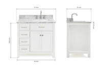 Ariel bristol 37 in. right offset single rectangle sink vanity with 0.75 in. carrara white marble countertop in white