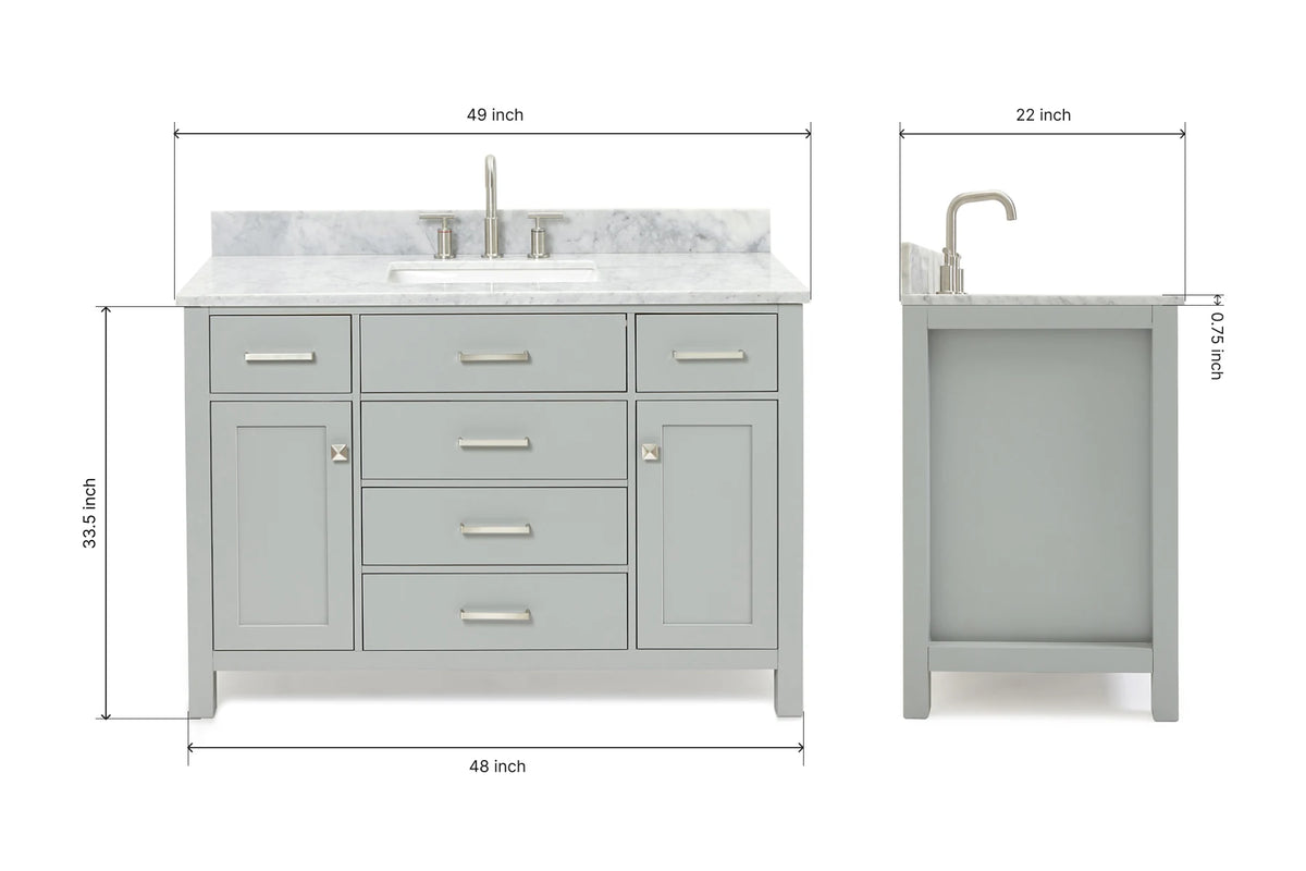 Ariel bristol 49 in. single rectangle sink vanity with 0.75 in. carrara white marble countertop in white