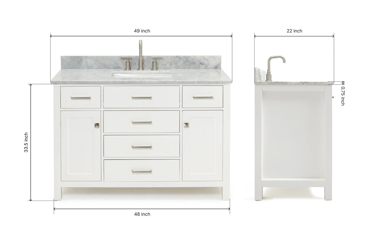 Ariel bristol 49 in. single rectangle sink vanity with 0.75 in. carrara white marble countertop in white