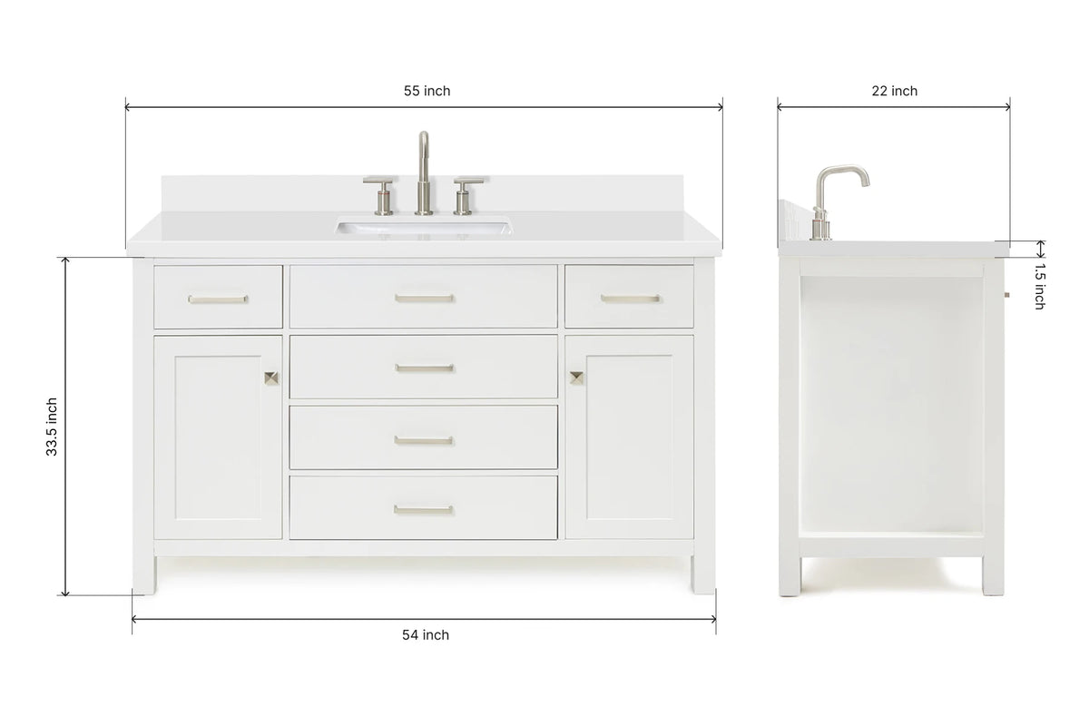 Ariel bristol 55 in. single rectangle sink vanity with white quartz countertop in white