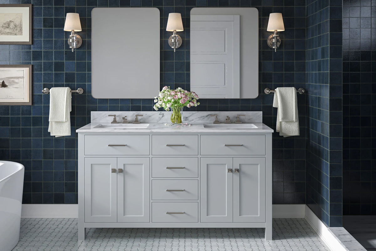 Ariel bristol 61 in. double rectangle sink vanity with 0.75 in. carrara white marble countertop in grey