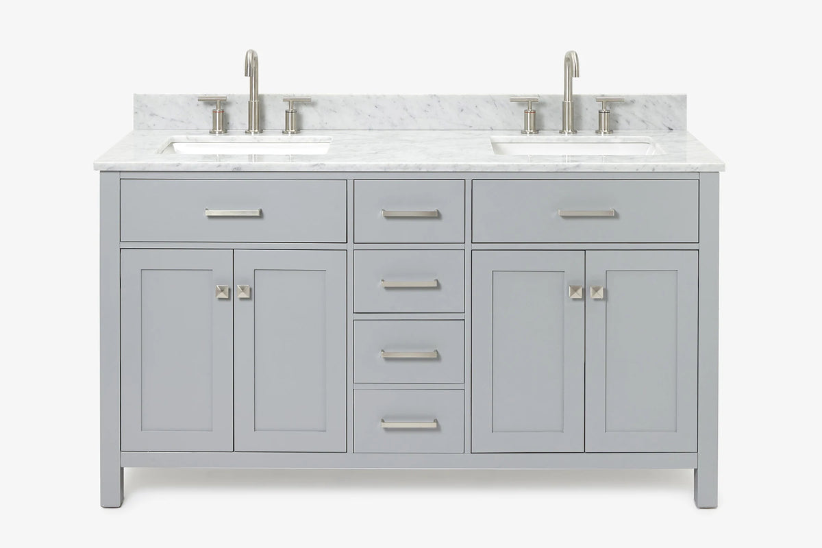 Ariel bristol 61 in. double rectangle sink vanity with 0.75 in. carrara white marble countertop in grey