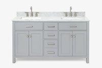 Ariel bristol 61 in. double rectangle sink vanity with 0.75 in. carrara white marble countertop in grey