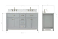 Ariel bristol 61 in. double rectangle sink vanity with 0.75 in. carrara white marble countertop in grey